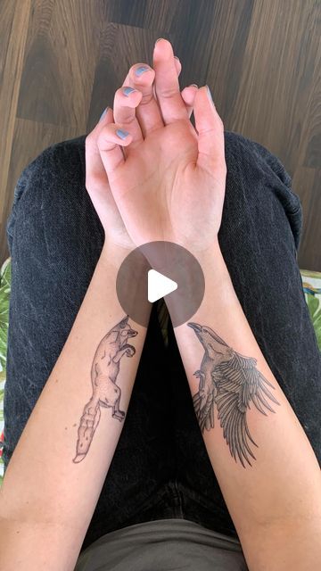 Danielle Allen on Instagram: "Fox and Crow 🤍  #foxtattoo #crowtattoo #pnwtattooer #seattleartist #seattletattoo #seattle #udub #uw #crow #fox" Fox Tattoo Aesthetic, Fox And Crow Tattoo, Crow Tattoo Linework, Blackwork Fox Tattoo, Gothic Fox Tattoo, Seattle Tattoo, Crow Tattoo, Fox Tattoo, Fox