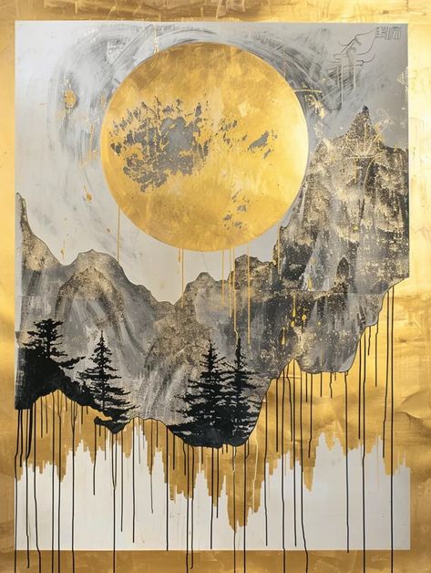 The painting is in a contemporary style and depicts a mountainous landscape. The background is a textured white, with a large, golden moon in the center ->> more details in ai-img-gen.com Gold Painting Ideas, Textured White Background, Mountainous Landscape, Golden Moon, Gold Painting, Silver Background, Art Gold, Shades Of Gray, Gold Paint