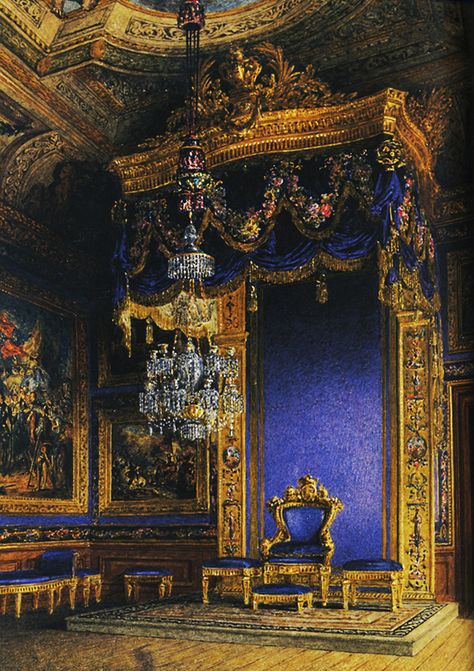 Blue Throne Room, Windsor Castle, 1819. Original painting published from W.H. Payne's paintings of the English Royal Residences, created for George IV (1819). Castle England, Dream House Aesthetic, Royal Throne, George Iv, Episode Backgrounds, Royal Art, Throne Room, Old Room, Antique Illustration