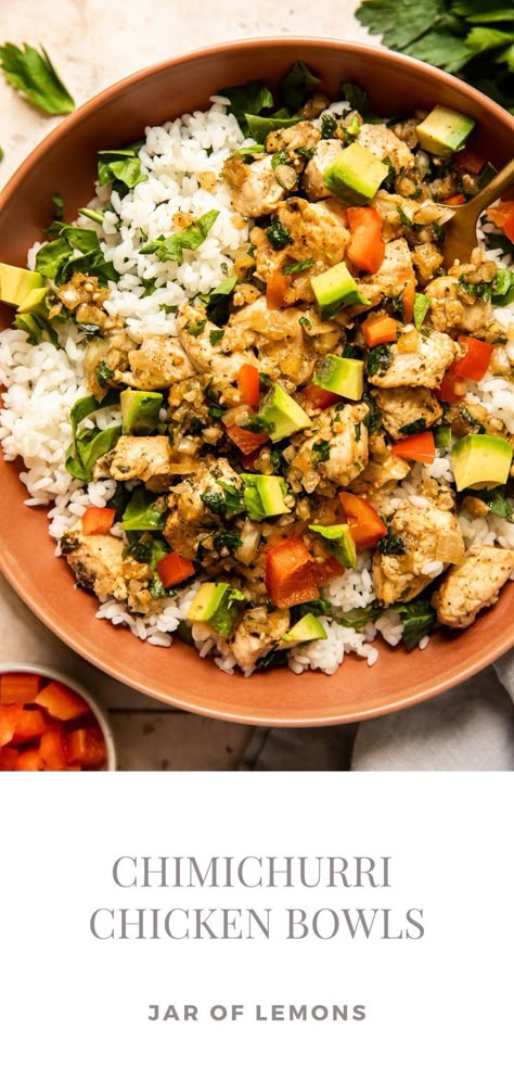 chimichurri chicken bowls served with a gold fork. Jar Of Lemons, Chimichurri Chicken, Chicken Bowls, Fluffy Rice, Easy Chicken Dinner Recipes, Chimichurri Sauce, Chicken Bowl, Dinner Idea, Bell Peppers