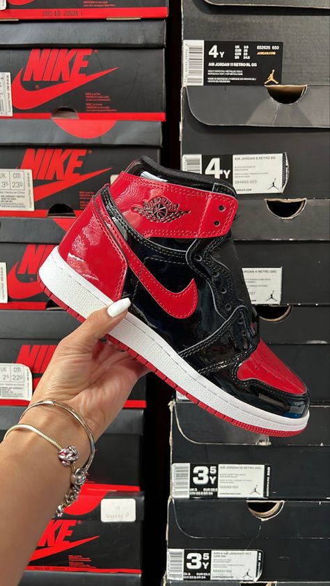 Jordan 1s Patent Bred, Red And Black Shoes Sneakers, Red And Black Air Jordan 1 Outfit, Bred Patent 1s Outfit, Patent Red Jordan 1, Red Jordan Aesthetic, Black And Red Jordan 1s Outfit, Jordan 1 Patent Bred Outfit, Bred 1s Outfit