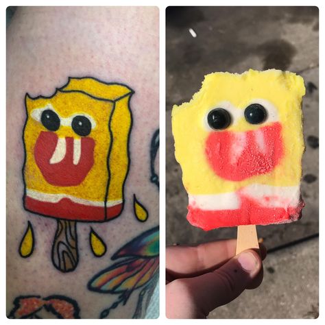 We opened a Spongebob popsicle and agreed to tattoo whatever it looked like.. Im so full of regret. Tattoo by @nobletattoo from Milwaukee Wisconsin Popsicle Tattoo, Regret Tattoo, Spongebob Popsicle, Cartoon Popsicle, Spongebob Tattoo, Nerd Games, Spongebob Square, R Tattoo, Taylor Swift Red