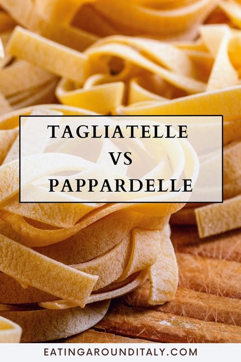 side view of small nests of dried tagliatelle pasta on a wooden board with overlay text box Tagletelli Recipe, Papadeli Pasta, Parpadelle Pasta Homemade, Homemade Pappardelle Pasta, Parpadelle Pasta Recipes, Pappardelle Recipes, Pappardelle Recipe, Tagliatelle Recipe, Pork Pasta