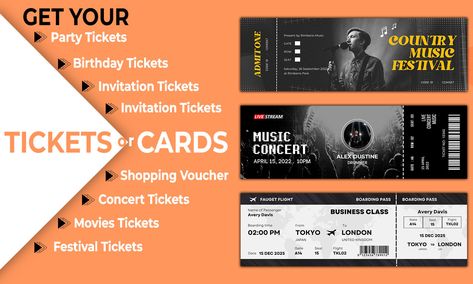 I will design  party or event ticket voucher gate pass concert tickets Party Tickets, Ticket Invitation, Music Birthday, Movie Tickets, Album Cover Design, Business Class, Concert Tickets, Music Concert, Live Concert