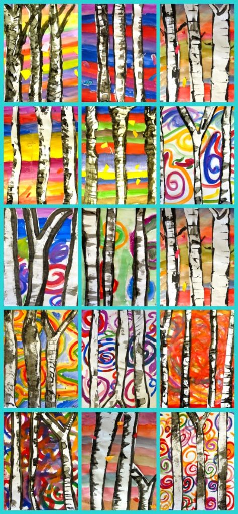 2nd and 3rd grade birch trees: Trees are painted on white paper and cut out then glued onto painted background Art Projects For Elementary, Art 2nd Grade, Boom Kunst, Classe D'art, Birch Tree Art, Kraf Kertas, 2nd Grade Art, 5th Grade Art, 3rd Grade Art