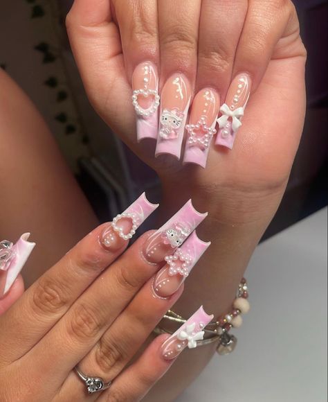 Long Nail With Charms, Pink Acrylic Nails Charms, Pink Long Nails With Charms, Pink Nails With Bear Charm, Pink Nails With Gummy Bear Charms, Pink Nails With Butterfly Charm, Hot Nail Designs, Cute Summer Nail Designs, Gold Acrylic Nails