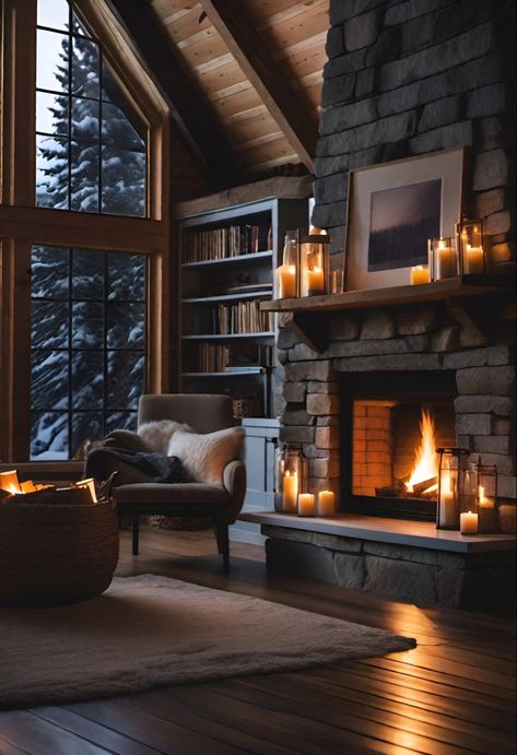 Cozy Log Cabin Aesthetic, Winter Cabin Interior, Winter Cabin Aesthetic, Fireplace Cottage, Christmas Living Room Decorations, Modern Christmas Living Room, Cozy Mountain Cabin, Living Room Decor Christmas, Cabin Aesthetic