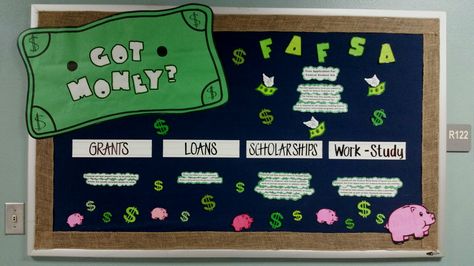 Financial Aid bulletin board by Toni Phelps #collegeandcareer #counselorlife Finance Bulletin Board Ideas, College And Career Bulletin Board Ideas Middle School, Financial Aid Bulletin Board Ideas, Financial Bulletin Board, Money Bulletin Board Ideas, Scholarship Bulletin Board High Schools, Fafsa Bulletin Board Ideas, Money Bulletin Board, Financial Aid Bulletin Board