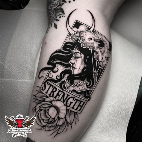 Tarot Card Tattoo Design Strength, Color Tarot Card Tattoo, Capricorn Tarot Card Tattoo, Skull Tarot Card Tattoo, The Empress Tarot Tattoo Ideas, Tarot Strength Tattoo, Strength Tarot Card Tattoo Design, Strength Tarot Card Art, Strength Tarot Card Tattoo