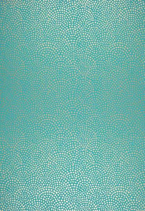 Mosiac Aqua wallpaper from Schumacher. This geometric design was inspired by a Roman tiled wall design which is interpreted in a modern way. Its allover patterning and medium scale make this a perfect wallcovering for bathrooms or other smaller spaces. Its colorations are offered in a range of metallic gold, silver and white against grounds of brilliant turquoise, spa blue, bone and white. Tiles Wall Design, Wallpaper Turquoise, House Hamptons, Orange Room, Wall Colours, Mosaic Background, Schumacher Wallpaper, Mosaic Wallpaper, Summer Bedroom