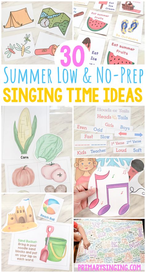 Summer Singing Time Ideas - Low and No Prep lesson plans and activities that anyone can use in minutes! Includes a mix of activities that will help you review a set of songs or just work through your song of choice. So many fun activities you can keep in your back pocket to sue with a sub or when you have a last minute summer scramble. If you're currently called as a Primary Music Leader you need to bookmark this post to refer back to it whenever needed! Singing Time Activities, Summer Singing Time Ideas, Easy Singing Time Ideas Lds, Primary Music Ideas Singing Time, Singing Time Ideas Primary, Lds Singing Time Ideas, Primary Singing Time Ideas, Loud Soft, Singing Time Ideas