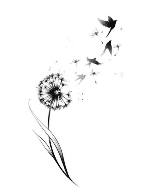 Dandelion To Birds Tattoo, Dandelion Flower Tattoo Black And White, Dandelion Into Birds Tattoo, Dandelion Ear Tattoo, Dandelion Tattoo With Birds, Dandelion Bird Tattoos, Pine Tattoo, Dandelion Tattoo Design, Tato Minimal