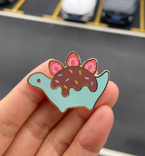 Dino Dessert Hard Enamel Pin - Etsy Dino Nails, 2022 Gifts, Badge Making, Cute Dinosaurs, Random Products, Dinosaur Outfit, Enamel Pin Collection, Products Photography, Color Palette Yellow