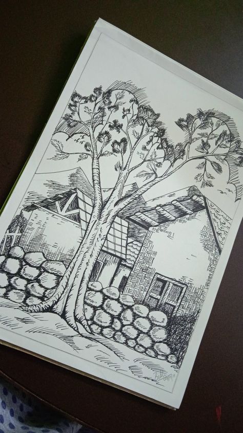 It is a village landscape made by pen Village Drawing Pencil, Village Pencil Drawing, Village Drawing, Village Landscape, 2b Pencil, Art Village, Landscape Sketch, Pencil Drawings Easy, Pen Sketch