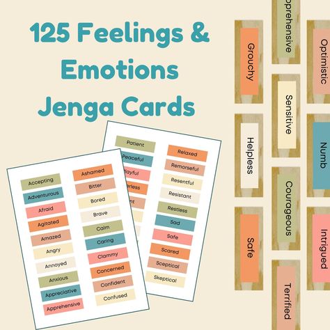 125 FEELINGS & EMOTIONS JENGA CARDS These 125 Feelings & Emotions Jenga Cards are super versatile! They're a wonderful resources to support children and adolescents developing emotional literacy and awareness.  Use them as a play therapy resource to support social and emotional development through play. Combine them with our Jenga Conversation Starter Cards to further explore the emotions your clients experience.  They're also a super fun and easy way to build rapport and strengthen relationships! Jenga Conversation Starter Cards are compatible for Avery 5161 template. PLEASE NOTE that as the size of the label is larger than the size of a Jenga block that you will need to trim the labels after printing.  * INSTANT DIGITAL DOWNLOAD * THIS IS A DIGITAL DOWNLOAD PRODUCT, WHICH MEANS NO PHYSIC Emotions Jenga, Family Conversation Cards, Social And Emotional Development, Emotional Literacy, Family Conversation, Emotions Cards, Jenga Blocks, Social Psychology, Conversation Cards