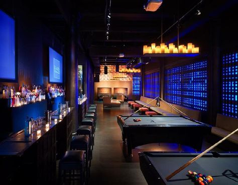 Play billiards in the private Studio at Slate NYC. Located on the ground level, The Studio is the prime, private space for any event. The studio offers its own full-service bar, bathrooms, private entrance (if needed), coat check and game tables, which may be removed. Two large projectors are high on the walls for any of your visual needs. Pool Hall Ideas, Diy Video Game Room, Birthday Party Space, Sport Bar Design, Billiards Bar, Planning Christmas, Pool Table Room, Pool Hall, Commercial And Office Architecture