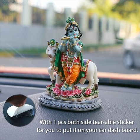 🕉️Good Raw Material & Handmade —— This 3.7”H gorgeous India God Krishan Statue is made of high-quality,USA imported Poly Stone. . This Lord Krishna with cow figurine is tasteless, smooth, beautiful, heavy, can be easily wiped clean with a soft dry cloth. This Krishna statue is in 3.9” high, 2” long ,1.7” wide and it weights 0.2OZ. And there is 1 piece both side tear-able sticker for you to put it on your car dash board. Office Mandir, Krishna Murti, Kali Statue, Diwali Puja, Monkey Statue, Saraswati Statue, Playing Flute, Family Statue, Hindu Statues