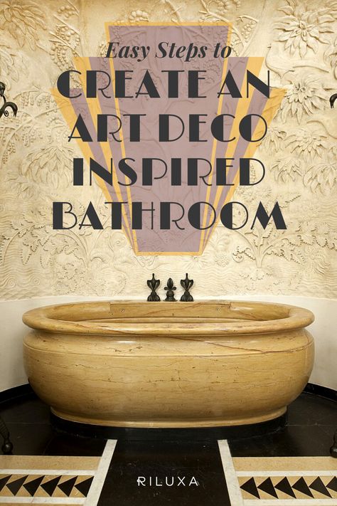 Dreaming of a glamorous Art Deco bathroom of your own? Check out Riluxa's irresistible ideas for creating your own modern Art Deco bathroom, using black and white colour schemes, sumptuous marble and bathroom fixtures to send you roaring back to the 20s! #artdecohomedecoration #artdecointerior #bathroomdecor Modern Art Deco Inspired Bathroom, Art Deco Bathroom Ideas Small Spaces, Art Deco Bathtub, Art Deco Inspired Bathroom, Art Deco Paint Colors, Gatsby Bathroom, Art Deco Bathroom Ideas, Art Deco Powder Room, Modern Art Deco Bathroom