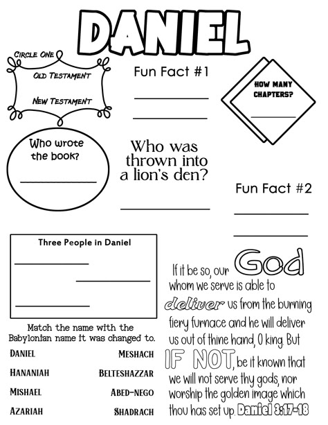 I love to make Bible Book Study Guides for Bible study with my niece. We use these to learn the basics of each book we study and then look up answers and fun facts. These are not available on my Etsy shop, but can be downloaded for free on pinterest. If you need a PDF version, please send me a PM.  #ChildrenChurchLesson #SundaySchoolLesson #Daniel #Danielandthelionsden #OldTestament #Bibleactivity #Biblestudyactivity #Bibleprintable #Bibleworksheet #Biblelearningisfun #SundaySchoolStudyGuide Children’s Bible Study Lessons, Preschool Sunday School Activities, Prayer Coloring Pages For Kids, Book Of Daniel Bible Study, Bible Study Plans For Beginners Ideas, Daniel Bible Study, Kids Bible Study Lessons, Bible Activity Sheets, Sunday School Worksheets