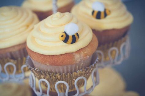 He was meant to bee | CatchMyParty.com Beehive Cupcakes, Bumble Bee Cake, Shower Foods, Baptism Party Ideas, Bee Food, Bee Cupcakes, Lemon Cream Cheese Frosting, Bee Cakes, Bee Baby Shower Theme