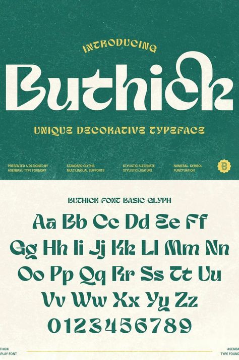 Buthick Font Font Decoration Design, Aesthetic Font Alphabets, Font Chữ Calligraphy, Trendy Packaging, Font Ideas Alphabet, Best Canva Fonts, Font Aesthetic, Decorative Typeface, Hand Lettering Alphabet Fonts