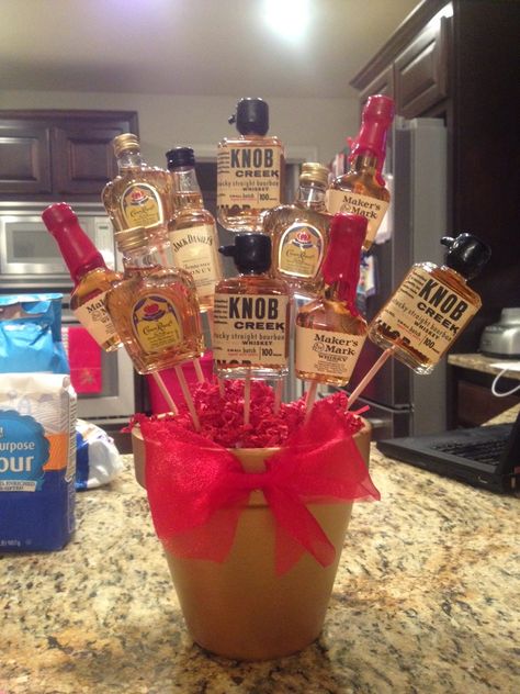 Taking Care of the Goose: How to Make a Liquor Bouquet Mini Alcohol Bouquet, Alcohol Baskets, Liquor Baskets, Liquor Basket, 21st Birthday Gifts For Guys, Alcohol Basket, Booze Bouquet, Alcohol Bouquet, Beer Bouquet