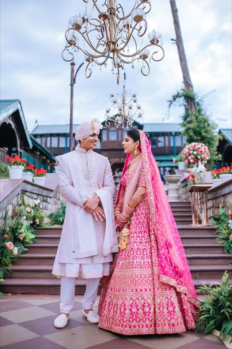 pink outfit ideas for a bride & groom Floor Length Suits, Bridegroom Outfits, Groom Indian Wedding Outfits, India Fashion Men, Ganpati Photo, Ganpati Photo Hd, Wedding Clothes For Men, Pink Bridal Lehenga, Indian Groom Dress