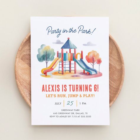 Party in the Park Playground Birthday Invitation Party In The Park, Gym Party, Gender Neutral Invitations, Birthday Party At Park, Park Birthday, Outdoor Birthday, Summer Birthday Party, Park Playground, Jungle Gym