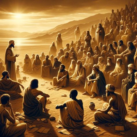 A thought-provoking image depicting the theme of non-Jewish redemption in the Old Testament. The scene is set in an ancient, desert landscape, with diverse groups of people from various ethnic backgrounds, including Middle-Eastern, Caucasian, and African, gathering together. They are depicted in a moment of reflection or learning, possibly listening to a wise figure or observing a symbolic act... Yajooj Majooj Image, Old Islamic Images, Yajooj Majooj, People In The Bible, Sibling Art, Jesus Drawings, Native American Paintings, Bible Images, Hebrew Bible