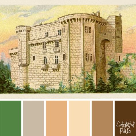 Old Castle in the Sunset - vintage inspired color palette Castle Color Pallete, Castle Illustration, Vintage Colour Palette, Color Catalog, Color Palate, Ancient Temples, Digi Scrap, Antique Books, Colour Schemes