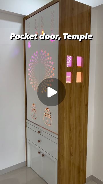 Pocket Door Mandir Design, Pocket Door Pooja Unit, Pooja Room Cupboard Designs, Home Pooja Room Ideas, Pooja Unit Door Design, Puja Room Door Design, Temple Interior Design, Temple Door Design, Pooja Unit Designs