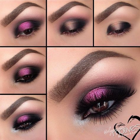 black & pink Khol Eyeliner, Purple Eye Makeup, Makeup Tutorial Eyeshadow, Eye Makeup Pictures, Smink Inspiration, Eye Makeup Steps, Beautiful Eye Makeup, Makijaż Smokey Eye, Eye Makeup Designs