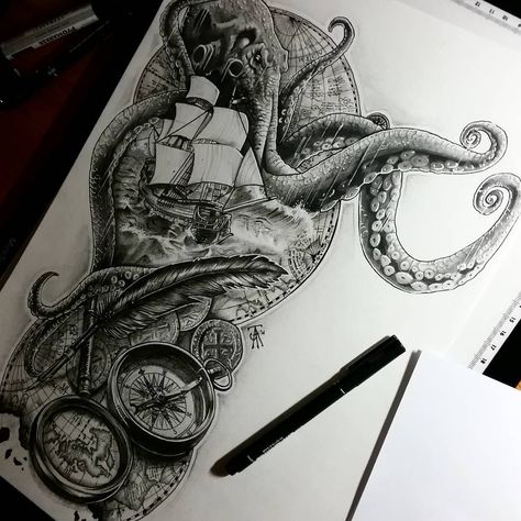 COMPLETE! KRAKEN. So yes.. fun to have finished a more detailed piece :) #tattoo #tattoos #flash #design #london #ink... Ship Tattoo Sleeves, Pirate Ship Tattoos, Nautical Tattoo Sleeve, Octopus Tattoo Sleeve, Kraken Tattoo, Nature Tattoo Sleeve, Lion Tattoo Sleeves, Octopus Tattoo Design, Pirate Tattoo