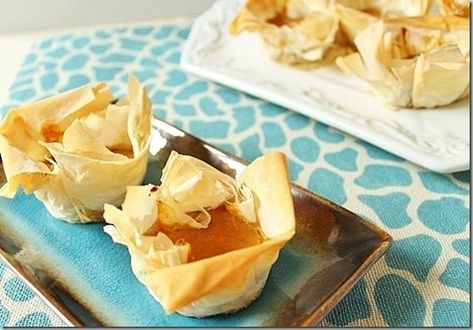 Facebook Idea, Phyllo Bites, Philo Dough, Pumpkin Pie Bites, Walnut Topping, Phyllo Recipes, Pumpkin Tarts, Phyllo Cups, Mini Pumpkin Pies