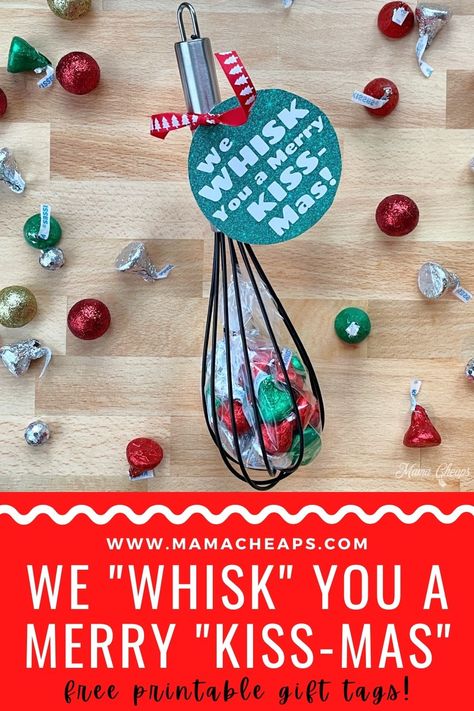 If puns are your thing, boy are you going to love this one! Grab some Hershey's Kisses and a whisk to put together this super cute and easy DIY Christmas gift. Head to our blog post to get our free printable tags for the perfect finishing touch! We WHISK You a Merry KISS-MAS! Great idea for teacher gifts! Want to up the value? Tape a gift card to the tag! #printable #diy #christmas #mamacheaps Christmas Vacation Meme, Free Christmas Tags Printable, Vacation Meme, Diy Teacher Christmas Gifts, Merry Kissmas, Teacher Holiday Gifts, Hershey's Kisses, Jr High, Easy Diy Christmas Gifts