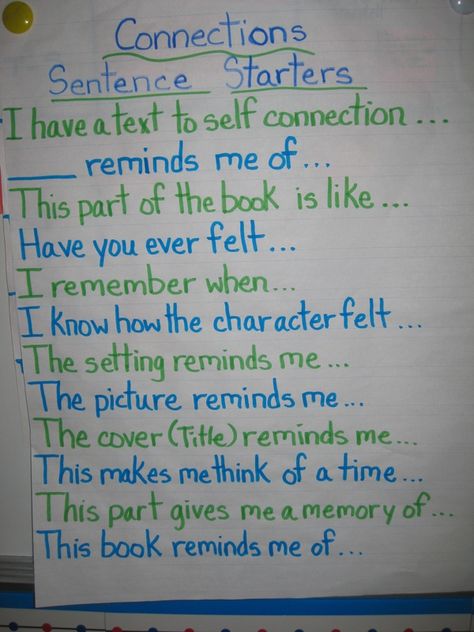 Making Connections reading Reading Connections, Text To Self Connection, Kevin Henkes, Text To Text Connections, Text To Self, Classroom Anchor Charts, Reading Anchor Charts, Reading Comprehension Strategies, Sentence Starters