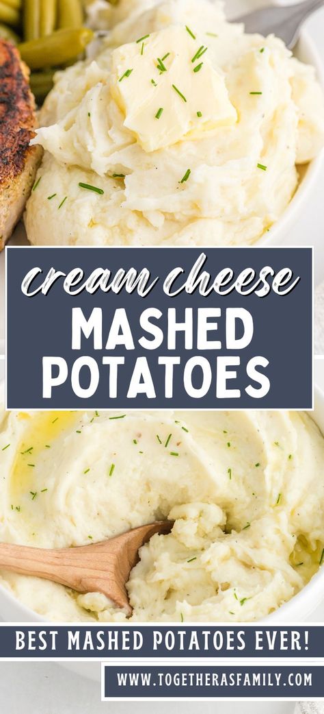 Two photos on a pin of mashed potatoes with a text box in the center with the name of the recipe on it and two text boxes at the bottom with recipe information on them. Mashed Potatoes Recipe Cream Cheese, Cream Cheese Mashed Potatoes, Cheese Mashed Potatoes, Best Mashed Potatoes, Mashed Potatoes Recipe, Diy Easy Recipes, Best Thanksgiving Recipes, Making Mashed Potatoes, Homemade Dinner Rolls