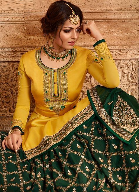 Yellow and Green Satin Georgette Lehenga – Lashkaraa Pant Kurti, Orang India, Dupatta Dress, Wedding Salwar Kameez, Bridal Mehndi Dresses, Rajasthani Dress, Mehndi Dress, Mehendi Outfits, Green Lehenga