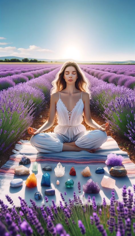 Find tranquility in the serene beauty of a woman meditating amidst a field of lavender. The calming purple hues and gentle fragrance create an atmosphere of peace and relaxation. This tranquil scene is a reminder to slow down, breathe deeply, and connect with nature's healing energy. Perfect for those seeking inner calm and mindfulness in their daily lives. Let the lavender fields inspire you to find moments of stillness and rejuvenation. Field Of Lavender, Woman Meditating, Divine Feminine Art, Chakra Healing Meditation, Art Meditation, Rihanna Photos, Yoga Logo, Art Spiritual, Meditation Art