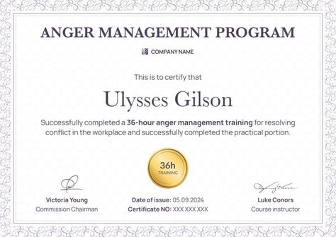 Celebrate every breakthrough with our anger management certificate! It's fully customizable to match every achievement. Play with colors, switch up the fonts, or tweak the text to perfection. Available in Figma, Word, and Certifier formats, making it super easy to personalize. Check out Certifier, the ultimate certificate maker that turns your vision into reality. Plus, going digital means you're keeping it green. Get started for free and make each recognition memorable! Certificate Of Recognition Template, Certificate Of Participation Template, Certificate Maker, Workplace Training, Train Template, Essay Competition, Pricing Templates, Resolving Conflict, Beauty Courses