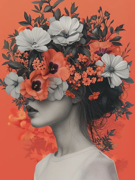 This is a surreal image of a woman with flowers growing out of her head. The flowers are mostly orange and white, with some green leaves ->> more details in ai-img-gen.com Solid Orange Color, Flower On Head, Surreal Tattoo, Woman With Flowers, Surreal Portrait, Flowers Growing, Flower Collage, Black And White Art Drawing, Solid Orange