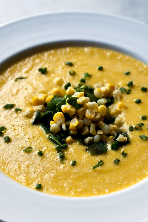 NYT Cooking: This is another creamy corn dish that has no cream in it – in fact, it has no dairy at all. I simmer the corn cobs to make the stock. When the corn is sweet, so is the soup, and I love the contrast of the sweet, creamy potage against the spicy roasted peppers. Poblano Soup, Corn Dishes, Creamy Corn, Nyt Cooking, Soup And Stew, Corn Salads, Roasted Peppers, Bowl Of Soup, Soup And Salad