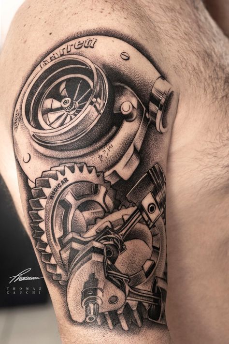 Car Turbo Tattoo, Mechanic Tattoo Ideas For Men, Car Part Tattoo Design, Car Part Tattoo, Crankshaft Tattoo, Classic Car Tattoo Ideas, Motor Tattoo Ideas, Engine Tattoo Mechanical, Diesel Mechanic Tattoo