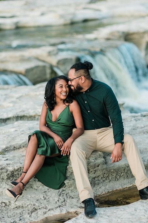 Emerald Green Couple Photoshoot, Green Outfit Couple Photoshoot, Green Engagement Photos Outfits, Sage Engagement Pictures, Cocktail Attire Couples Outfit, Green Couple Photoshoot, Semi Formal Couple Outfits Wedding Guest, Green Wedding Guest Outfit Couple, Olive Green Couple Outfit