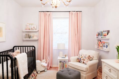 Anna's Nursery Reveal - Floral girls nursery with Jenny Lind black crib, pink curtains and vintage chandelier. Black Crib Nursery Ideas Girl, Black White Pink Nursery, Baby Girl Nursery Black Crib, Jenny Lind Black Crib, Girl Nursery Black Crib, Black Crib Nursery Girl, Nursery Black Crib, Ruby Nursery, Jenny Lind Crib Nursery