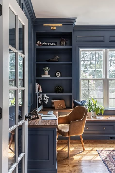 Gray Room Ideas, Color In Interior Design, Compatible Colors, Built In Bookshelves, Gray Room, Office Built Ins, Navy Blue Walls, Productive Work, Small Home Offices