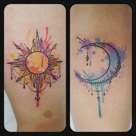 Shannon Michael on Instagram: “Super fun sun and moon watercolor tattoo I did today. Makes me so happy when me clients come back again and again to get my signature style…” Sun And Moon Watercolor, Armpit Tattoo, Watercolor Tattoo Artists, Maching Tattoos, Sky Tattoos, Moon Watercolor, Moon Sun Tattoo, Sun And Moon Tattoo, Matching Best Friend Tattoos