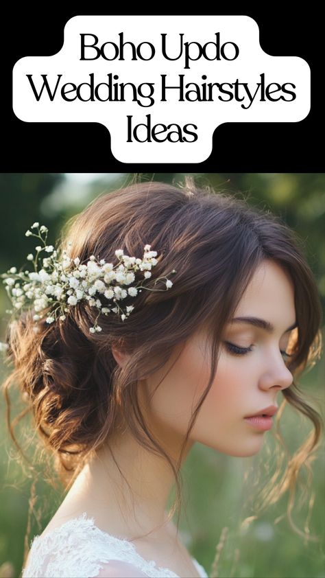 boho updo wedding hairstyles, showcasing elegance and natural beauty, perfect for brides embracing a relaxed, ethereal aesthetic. Boho Updos For Medium Length Hair, Bridal Hair Updo With Flowers, Boho Up Do, Bohemian Wedding Hair Updo, Bridal Hairstyles Boho, Boho Updo Wedding, Boho Wedding Updo, Hair Styles For Brides, Whimsical Bridal Hair