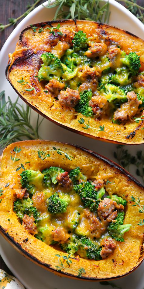 Stuffed Spaghetti Squash with Broccoli, Spicy Italian Sausage, and Cheddar Cheese - on a white platter. Sausage Stuffed Spaghetti Squash, Broccoli Sausage, Roasted Spaghetti Squash, Stuffed Spaghetti Squash, Spaghetti Squash Recipes, Autumn Inspired, Fall Dinner, Squash Recipes, Spaghetti Squash