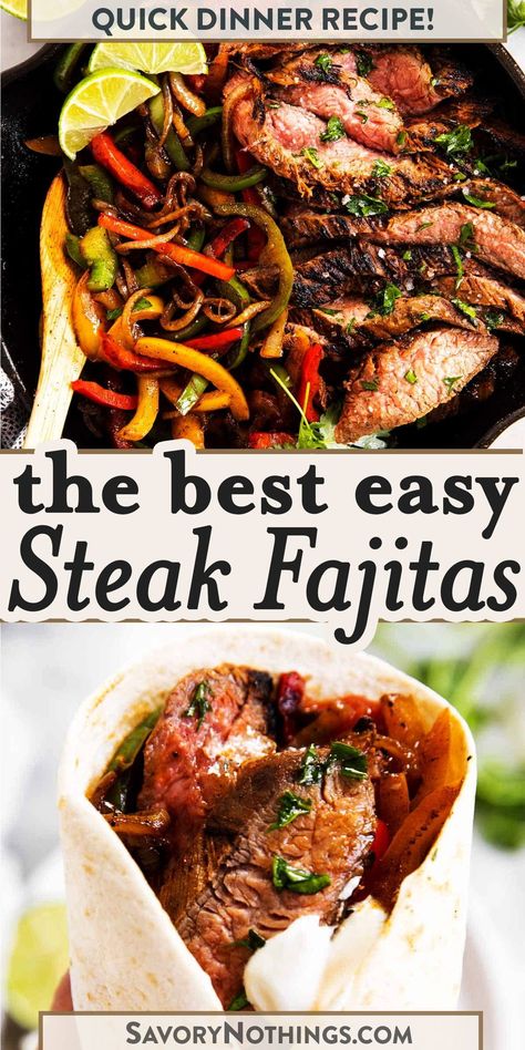 These zingy Steak Fajitas are quick and easy to make with flank steak and fajita vegetables. Marinated in a simple yet delicious fajita marinade, then quickly seared for medium-rare perfection – the flavor in these is unbelievable! | #steakrecipes #steakfajitas #fajitarecipes Steak Fajita Marinade, Steak Fajitas Recipe, Flank Steak Fajitas, Easy Steak Fajitas, Steak Fajita Recipe, Skillet Steak, Fajitas Recipe, Easy Steak, Fajita Recipe